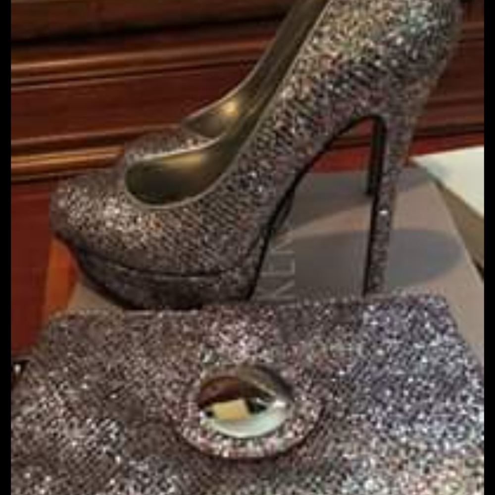 Bedazzled glitter pump and matching clutch purse